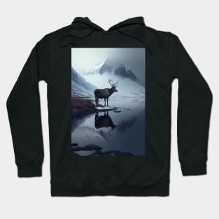 Nordic Winter Reflection Reindeer in a Mountain Valley Art Print Hoodie